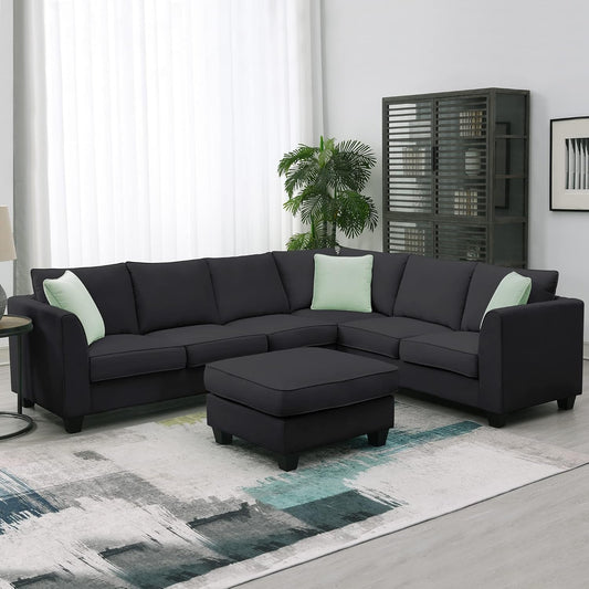 Large U Shaped Sectional Sofa with Removable Ottoman for Living Room, 7 Seats Modular Sofa with Wide Chaise Lounge & 3 Pillows, 112” Fabric Corner Couch Set for Large Space, Black-0