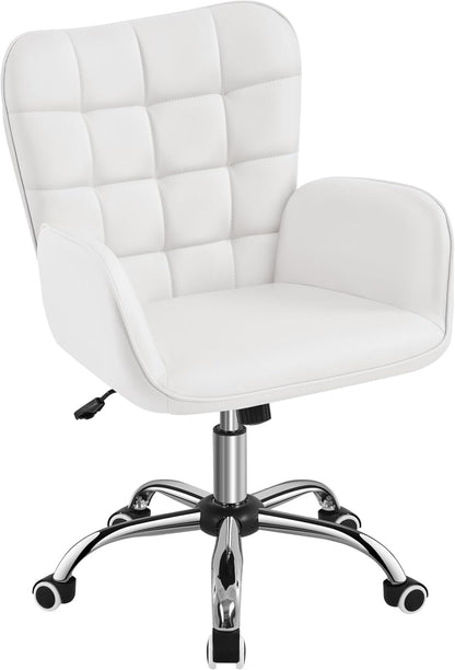 Faux Leather Office Chair Modern Vanity Chair Ergonomic Adjustable Makeup Chair with Padded Armrests Big Seat for Office, Bedroom, Living Room, White-0