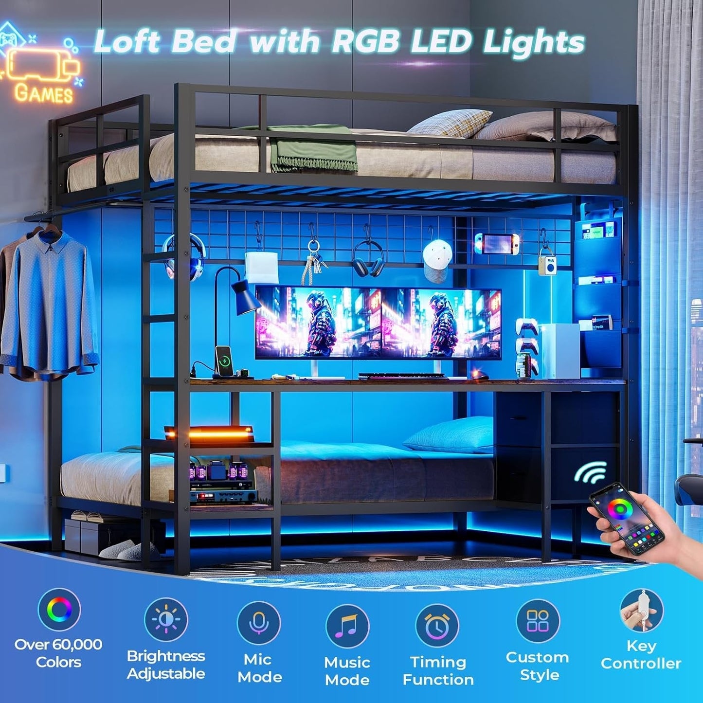 Full over Twin Bunk Bed with Desk and Charging Station Metal Full Size over Twin Loft Bed with Led Lights & Storage Shelves and Drawers for Teen,Safety Guard & Stairs,No Box Spring Needed,Black-3