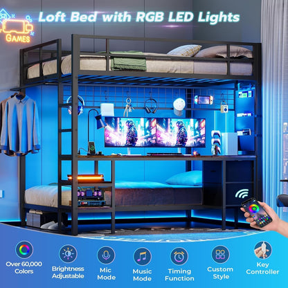 Full over Twin Bunk Bed with Desk and Charging Station Metal Full Size over Twin Loft Bed with Led Lights & Storage Shelves and Drawers for Teen,Safety Guard & Stairs,No Box Spring Needed,Black-3