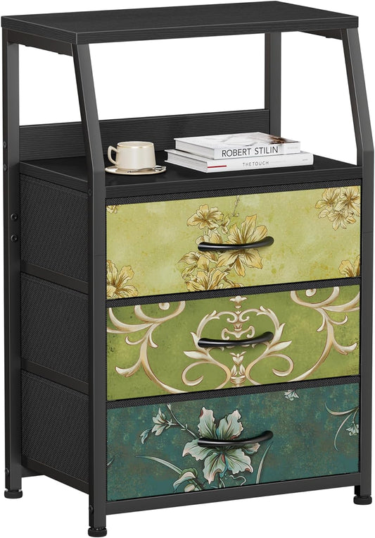 Retro Night Stand with 3 Drawers and 2-Tier Shelf, Small Nightstand Side Table, Vintage Storage Dresser for Bedroom, Fabric Drawer Organizer for Closet, beside Furniture-0