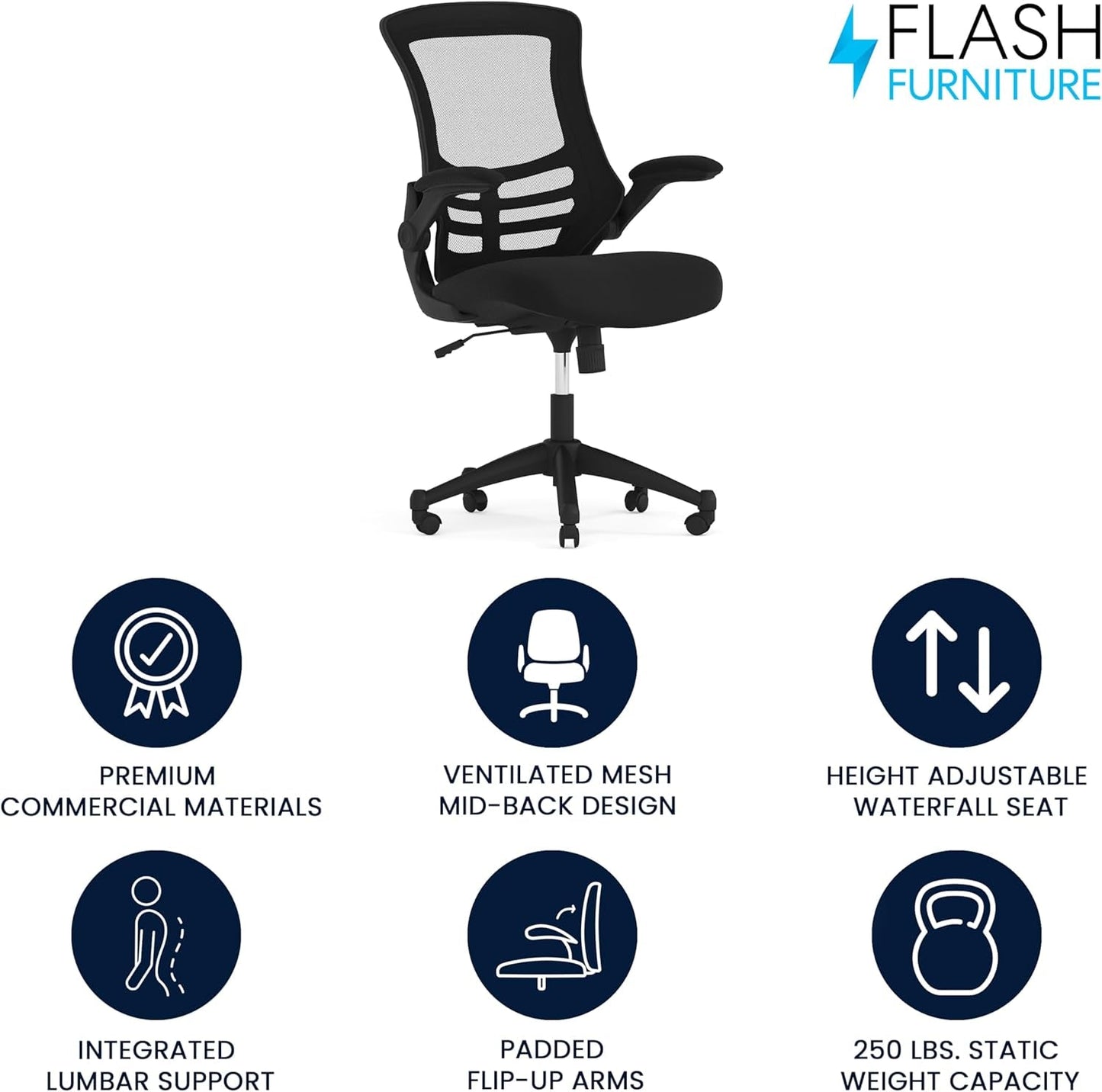 Kelista Mid-Back Swivel Office Chair with Adjustable Seat Height, Ergonomic Mesh Desk Chair with Flip-Up Armrests, Black-1