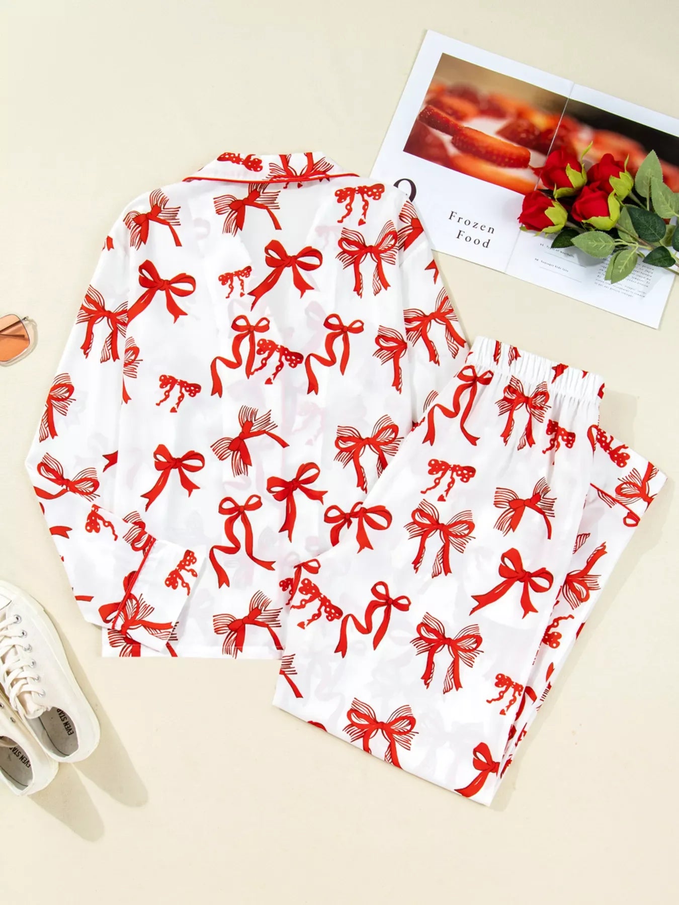 Christmas Bow Print Top and Pants 2pcs Pajama Set