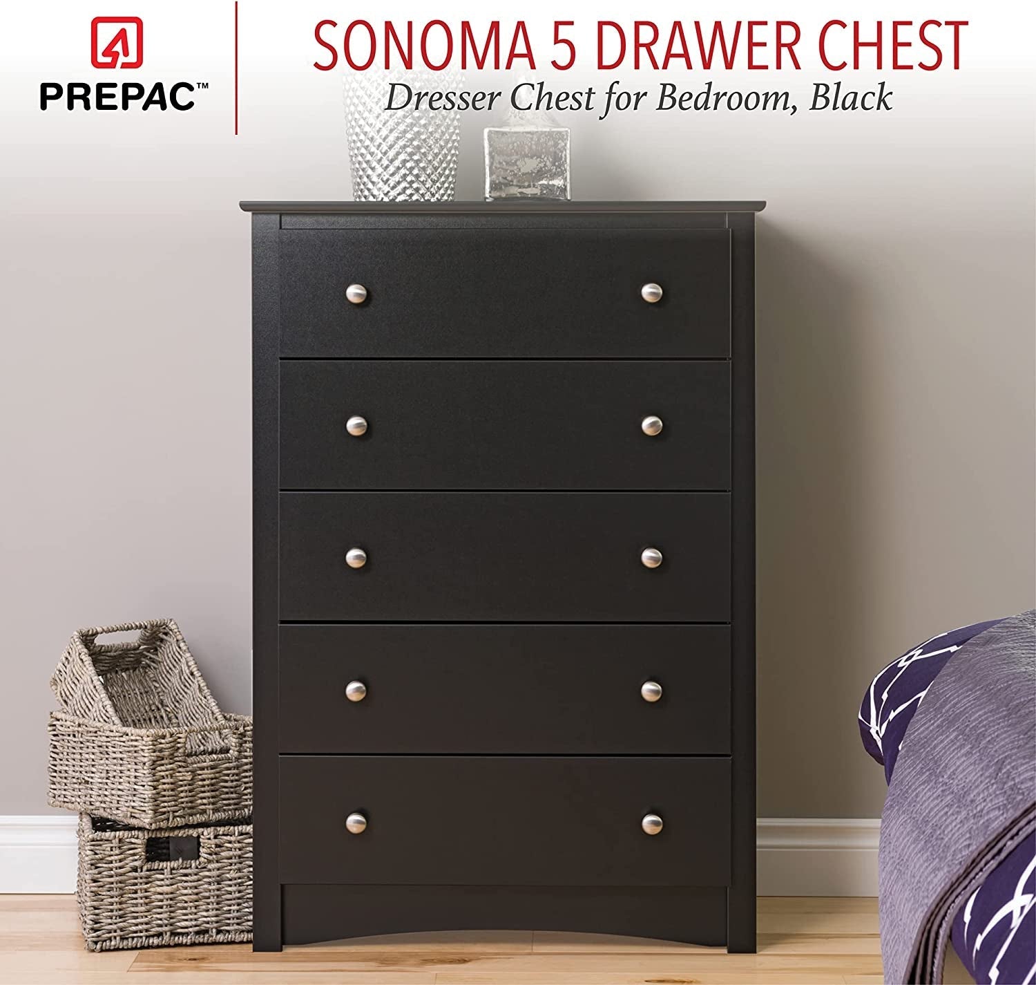Sonoma 5-Drawer Chest for Bedroom in Black-3