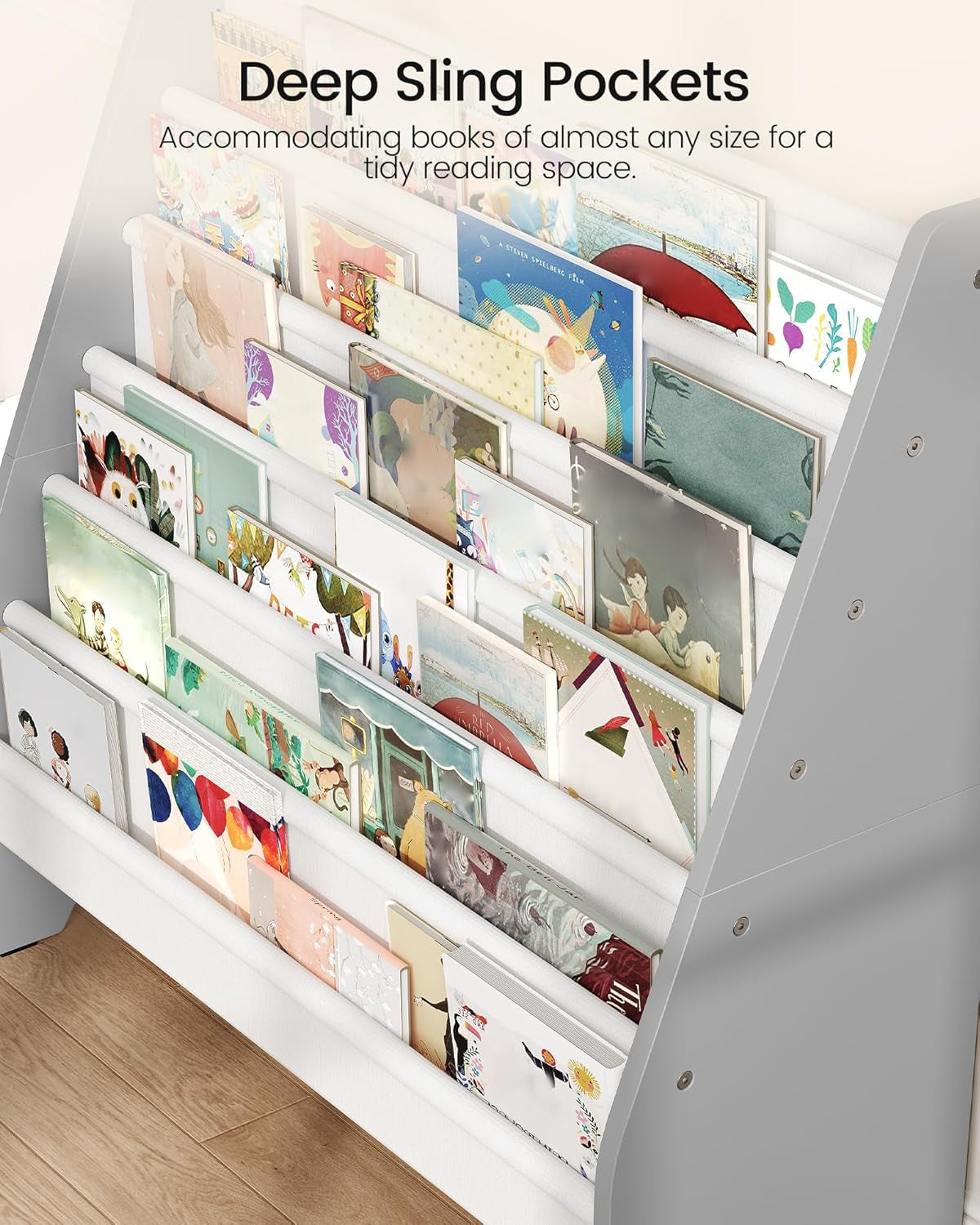 6-Tier Kids Bookshelf, Kids Sling Bookcase, Magazine and Book Storage Rack, Large Capacity Book Organizer, Book Shelf for Kids Room, Bedroom, Nursery, Playroom, White and Gray MCW07WG-4