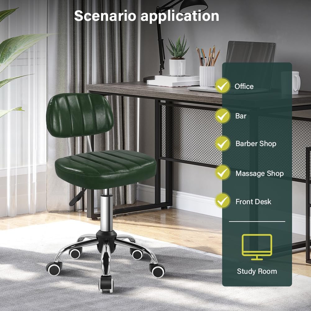 Square Swivel Stool with Wheel for Work SPA Shop Massage Height-Adjustable and Cost-Effective Rolling Stool Chair with Back (Green)-2