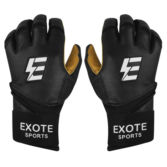 Exote Bolt Baseball and Softball Batting Gloves for Men Women Youth & Adult Sizes -Long Cuff Breathable Leather Baseball Batting Gloves with Extra Grip & Wrist Wrap (Black Adult Medium)