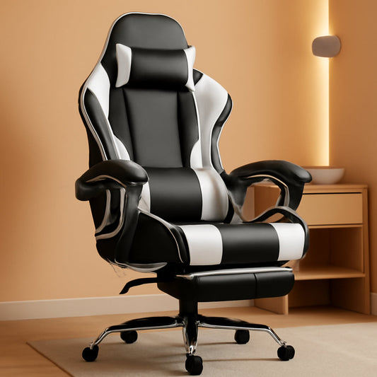Gaming Chair, Computer Chair with Footrest and Lumbar Support, Height Adjustable Game Chair with 360°-Swivel Seat and Headrest and for Office or Gaming (White)-0
