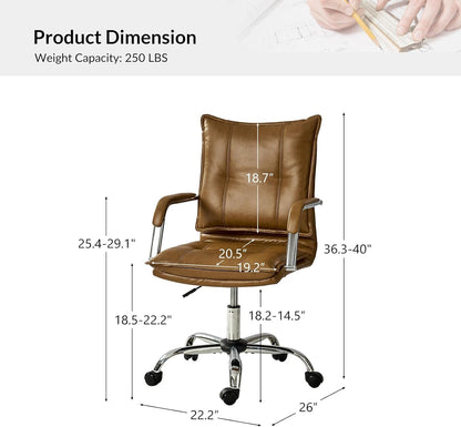 Faux Leather Home Office Desk Chair, Adjustable Swivel Computer Chair with Sliver Legs and Arms, Comfy Upholstered Task Chair(Camel)-1