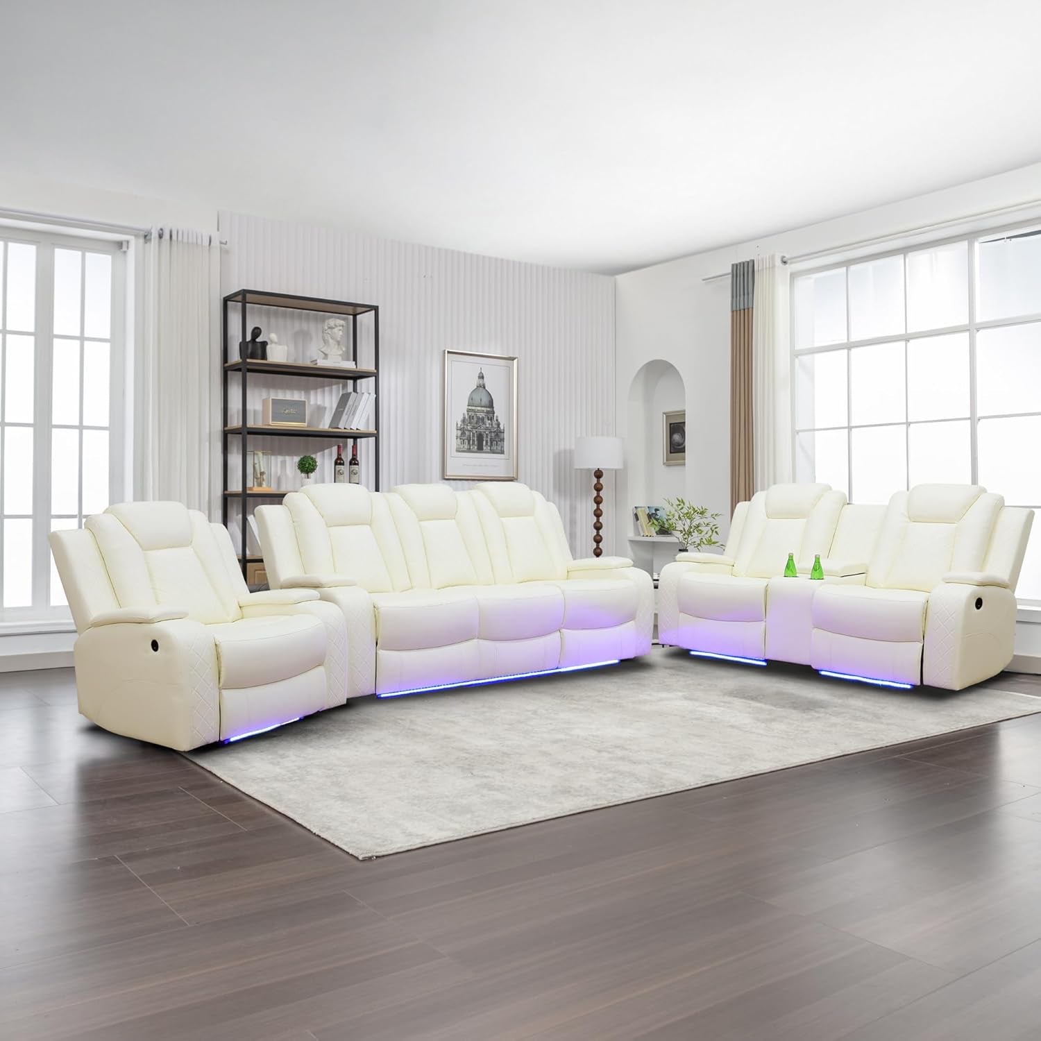 Power Recliner Sofa Set with LED Lights,Leather Reclining Sofa with USB Port/Wireless Charger/Storage Console/Cup Holder,Living Room Furniture Set for House/Home Theater(3 Piece Set,Creamy)-0