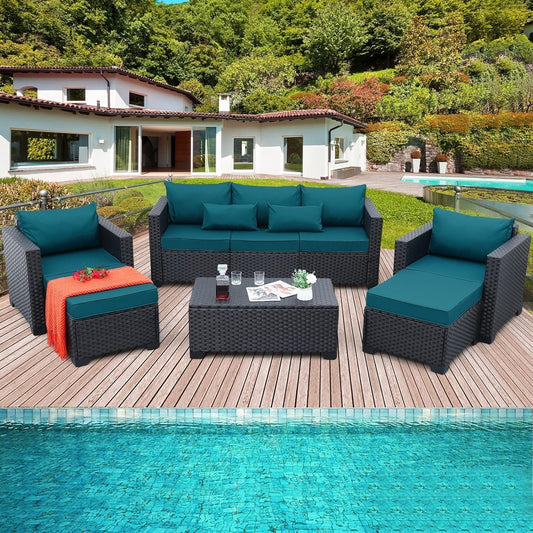 Patio Furniture Set 6 Pieces Couch Outdoor Chairs Coffee Table Peacock Blue Anti-Slip Cushions and Waterproof Covers-0