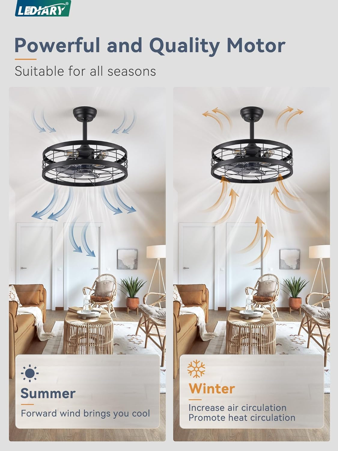 20 Inch Fandelier Caged Ceiling Fan with Light, Bladeless Ceiling Fan with Remote, Farmhouse Fan Lights Ceiling Fixtures for Kitchen, Bedroom, Outdoor(6 Speed, Timing)-Black-2