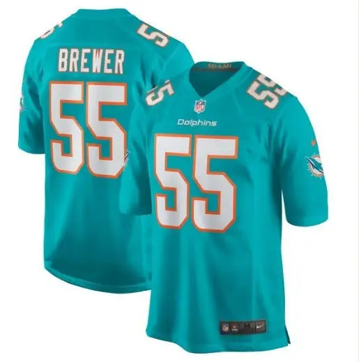 Miami Dolphins jerseys featuring Brewer 55 and 55 in teal with white and orange numbers