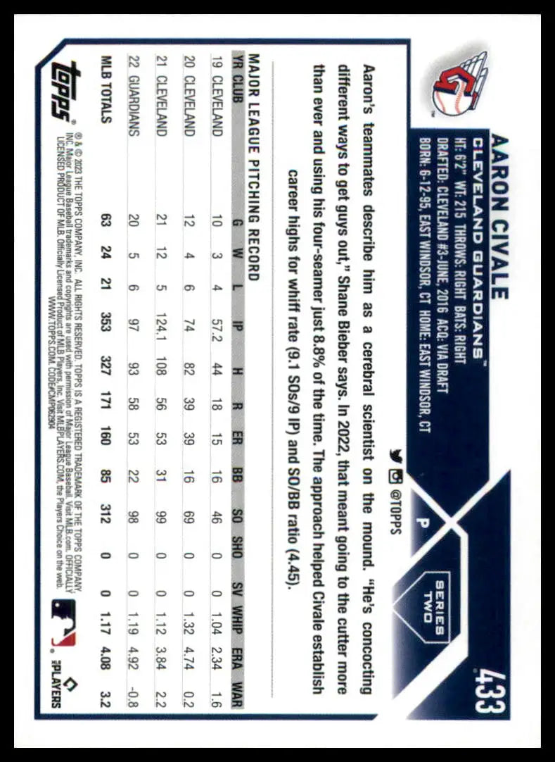 Baseball card back of Aaron Civale 2023 Topps #433 Cleveland Guardians