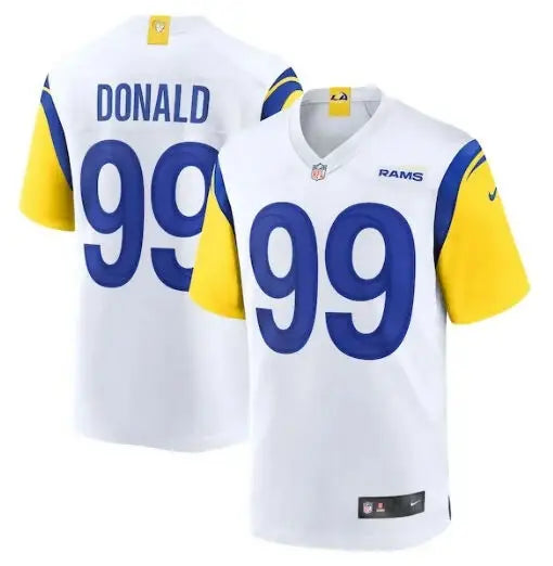 White Aaron Donald Los Angeles Rams Nike Alternate Game Jersey with blue 99 numbers and yellow sleeves
