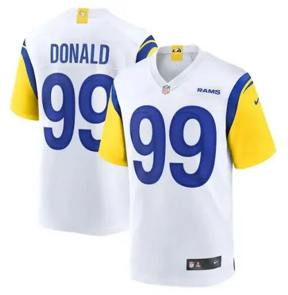 White Aaron Donald Los Angeles Rams Nike Alternate Game Jersey with blue 99 numbers and yellow sleeves