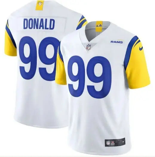 White and blue Los Angeles Rams Nike Vapor Limited jersey with yellow sleeves featuring Aaron Donald