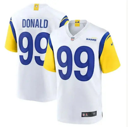 White and gold Aaron Donald Los Angeles Rams jersey with blue number 99