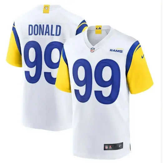 White and gold Aaron Donald Los Angeles Rams jersey with blue number 99
