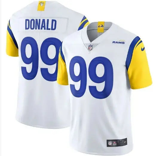 White Los Angeles Rams Aaron Donald Nike Vapor Limited jersey with blue 99 number and yellow sleeves