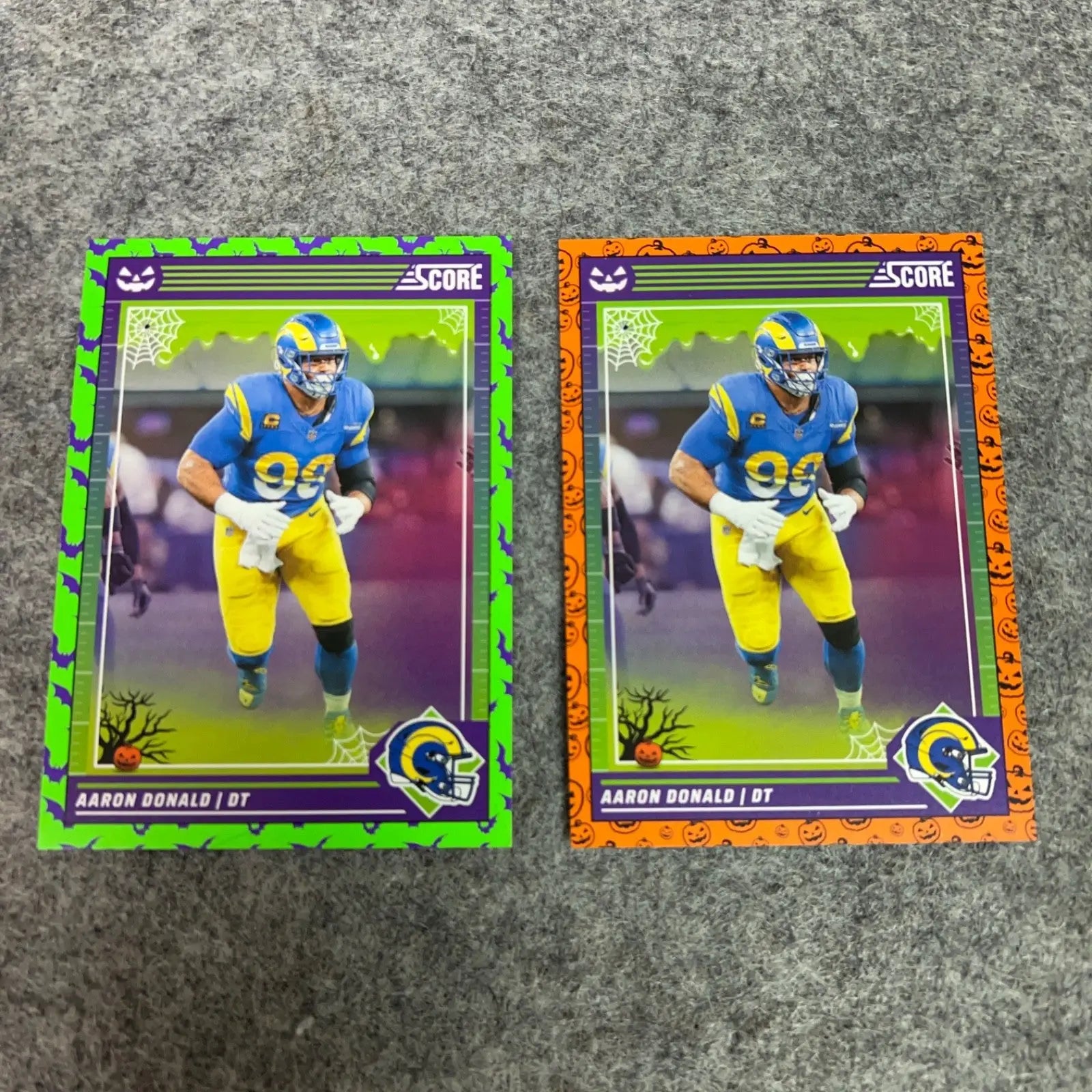 Two Halloween-themed Los Angeles Rams football cards from the Aaron Donald Pick Your Card 2024 set