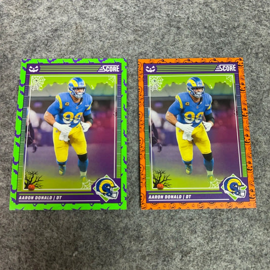 Two Halloween-themed Los Angeles Rams football cards from the Aaron Donald Pick Your Card 2024 set