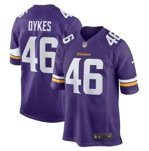 Purple Minnesota Vikings football jersey with Dykes 46 name and number for Aaron Dykes Nike team game jersey