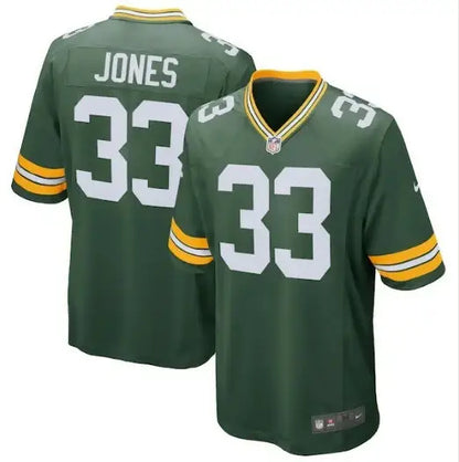 Green Bay Packers Aaron Jones football jersey with number 33 in green Nike Game style