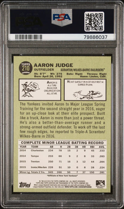 Encased Aaron Judge baseball card from Topps Heritage Minor League series in PSA 10 grade