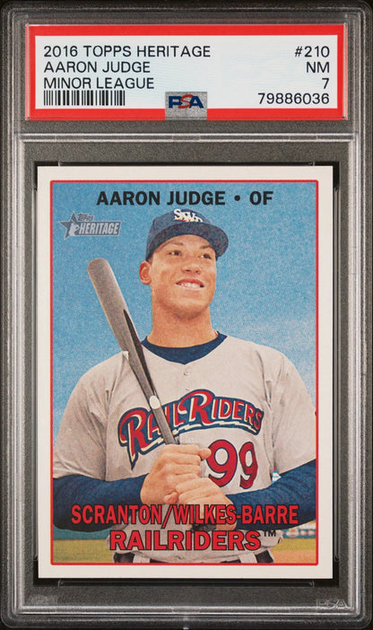 A graded 2016 Topps Heritage Minor League Aaron Judge baseball card PSA 7 Near Mint