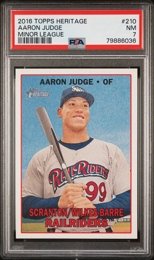 A graded 2016 Topps Heritage Minor League Aaron Judge baseball card PSA 7 Near Mint