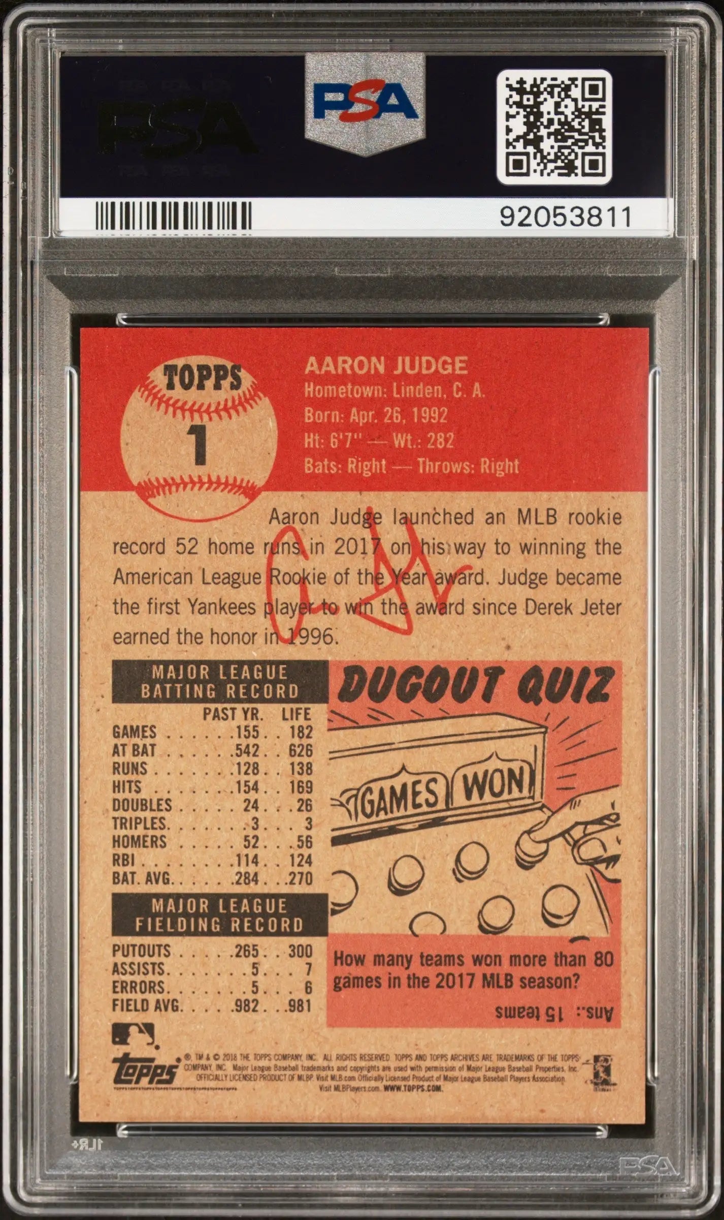 Aaron Judge 2018 Topps Living #1 card in PSA 10 Gem Mint protective case