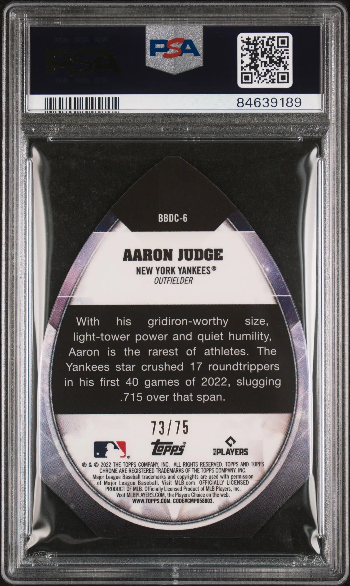 Graded Aaron Judge Baseball Card featuring Ben Baller Blue Diamond Die-Cut design