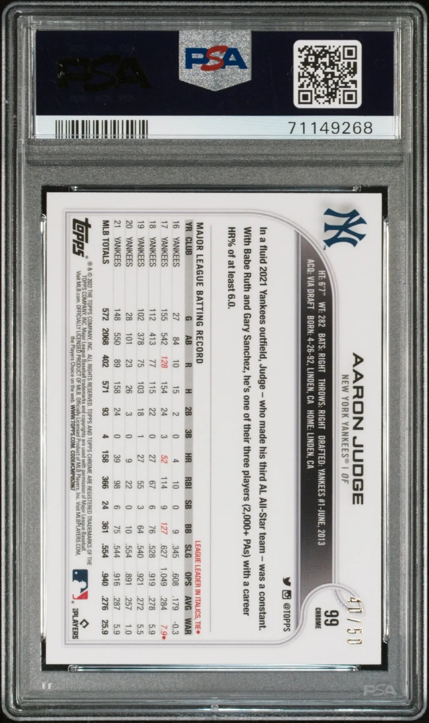 Graded Aaron Judge Baseball Card with Topps Chrome Gold Wave Refractor PSA 9 Mint
