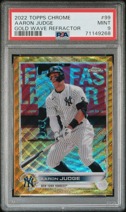 Graded Aaron Judge Baseball Card showing Topps Chrome Gold Wave Refractor #40/50 PSA 9