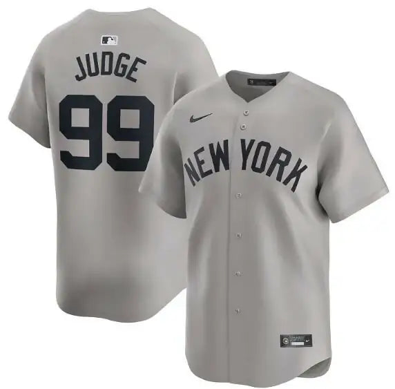 Gray New York Yankees baseball jersey featuring Aaron Judge Nike Home Limited Player design