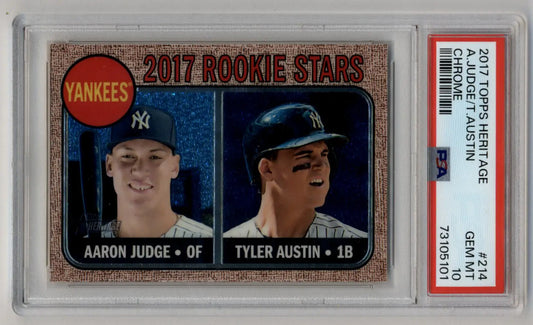 A graded 2017 Topps Heritage Chrome baseball card featuring Aaron Judge and Tyler Austin