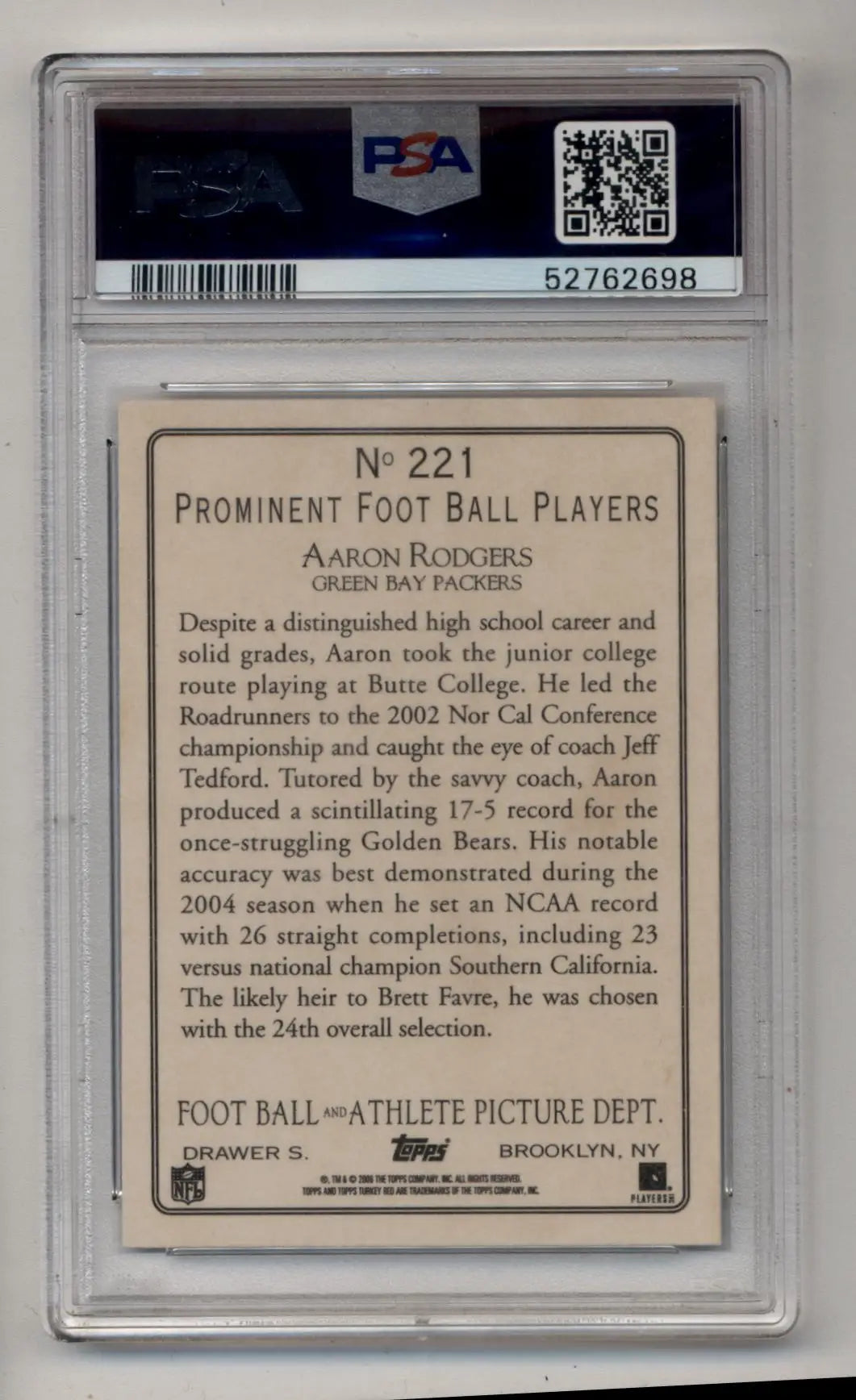 Aaron Rodgers 2005 Turkey Red #221 Rookie PSA 10 Gem Mint - Singles