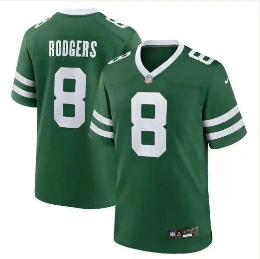 Green NFL football jersey with white trim and number 8, Aaron Rodgers New York Jets Nike Alternate Game Jersey