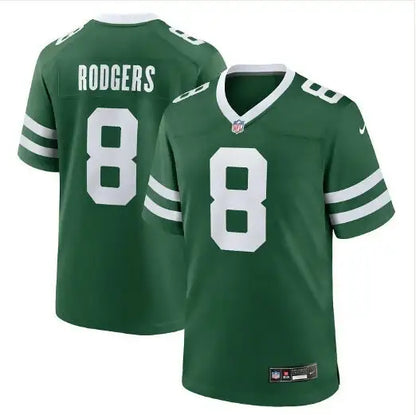 Green NFL football jersey with white trim and number 8, Aaron Rodgers New York Jets Nike Alternate Game Jersey