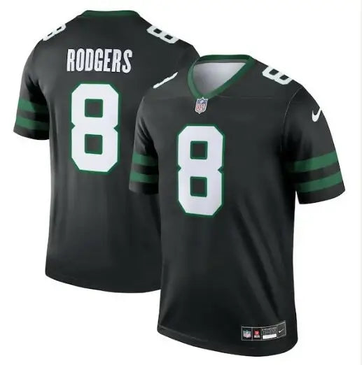 Aaron Rodgers Jets Nike Legend Jersey in black with green and white accents