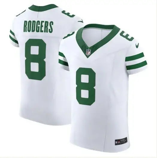 White Aaron Rodgers Jets Nike Vapor Fuse Elite Jersey with green trim and number 8