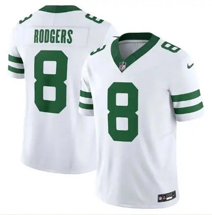 White New York Jets Aaron Rodgers Nike Alternate Vapor F.U.S.E. Jersey with green trim and number 8