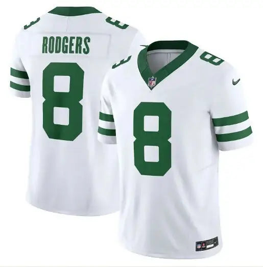 White New York Jets Aaron Rodgers Nike Alternate Vapor F.U.S.E. Jersey with green trim and number 8