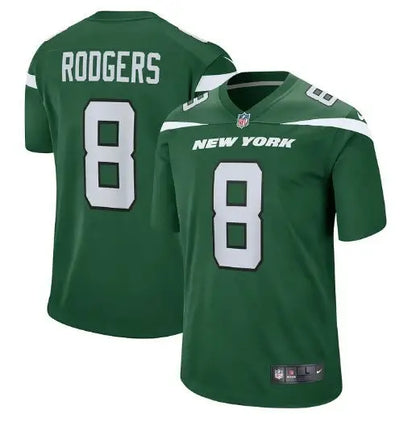 Green New York Jets Nike football jersey with Aaron Rodgers number 8