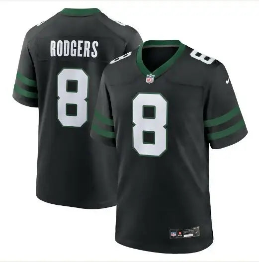 Two black York Jets Nike game jerseys with green trim and white number 8