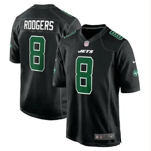 Black Aaron Rodgers New York Jets Nike Game Jersey featuring jersey #8 for Jets Nike Game collection
