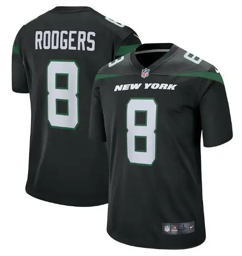 Two black New York Jets Nike game jerseys with number 8 and Rodgers on back