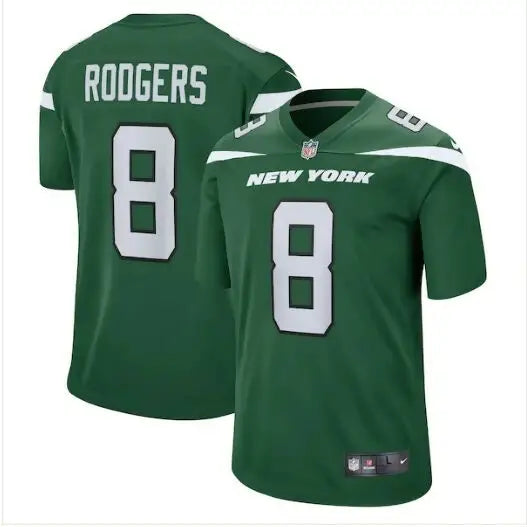 Green New York Jets Nike game jersey with number 8 for Aaron Rodgers