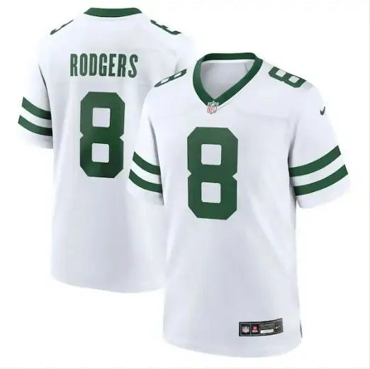 White and green Aaron Rodgers Jets Nike game jersey displayed in Legacy White style